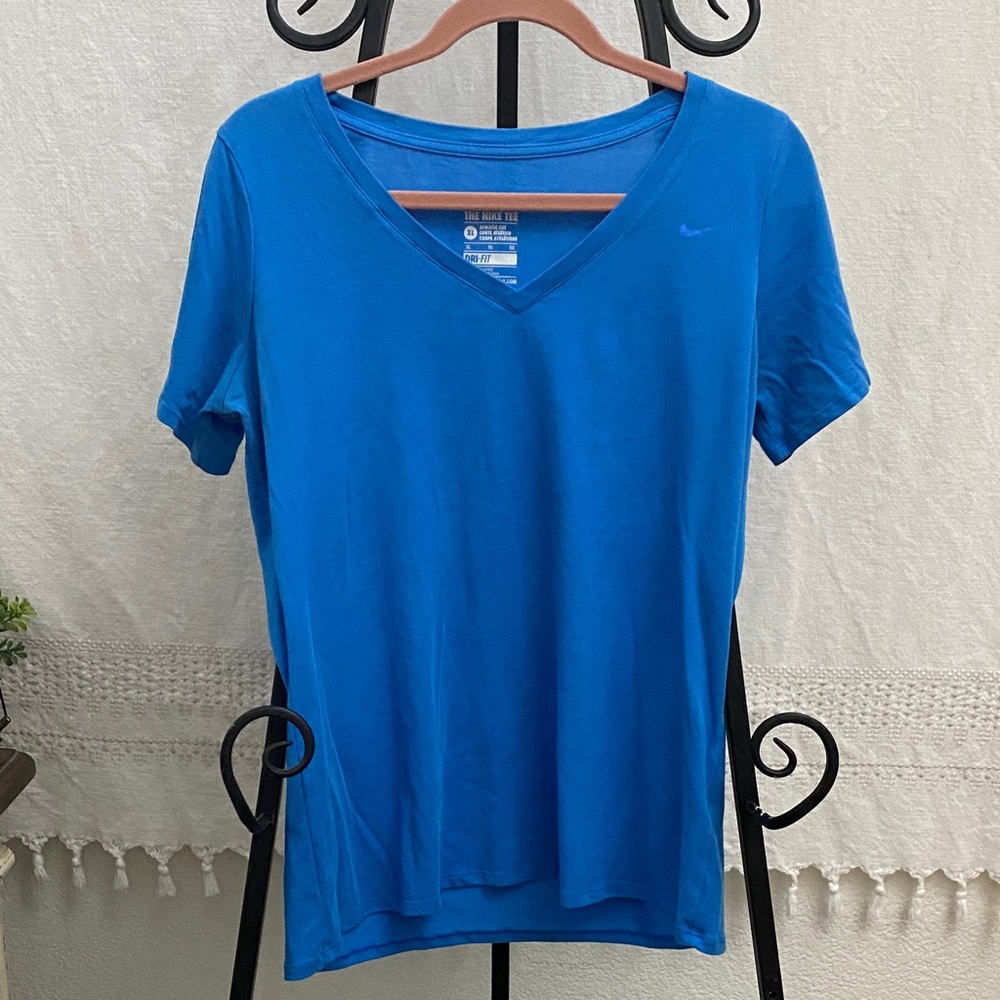 Nike Dri-Fit Bright Blue V-Neck Women's Tee Athletic Cut (XL)